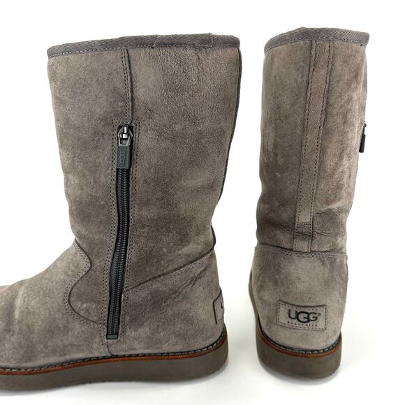UGG Australia Gray Short Winter Boot Sz 6 Suede Wool Cold Weather Flat Mid-Calf - Picture 9 of 12